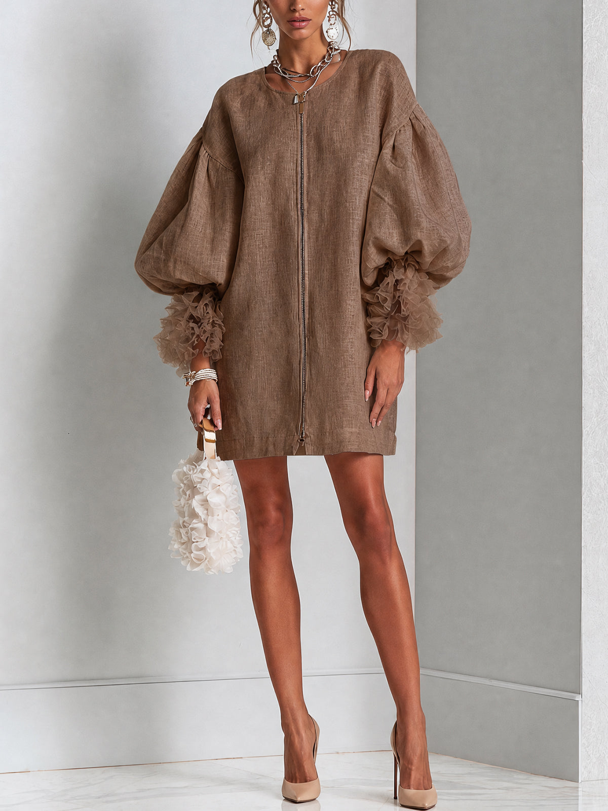 Brown Zip Front Balloon Sleeve Mini Dress with Pleated Ruffle Cuffs – Sienna Noosa