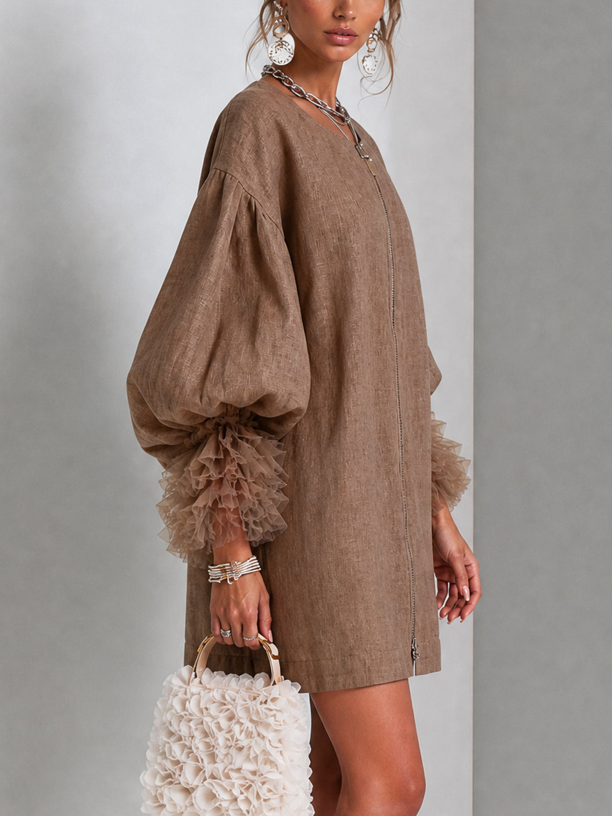 Brown Zip Front Balloon Sleeve Mini Dress with Pleated Ruffle Cuffs – Sienna Noosa