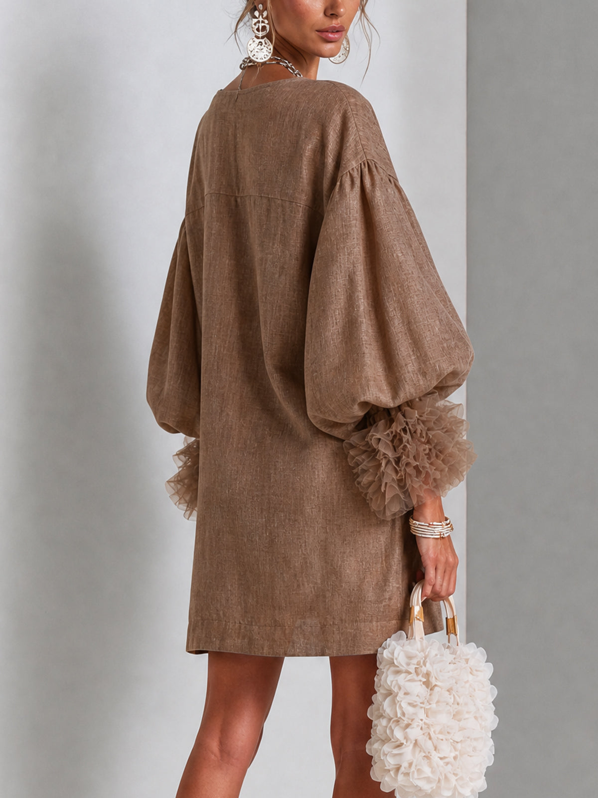 Brown Zip Front Balloon Sleeve Mini Dress with Pleated Ruffle Cuffs – Sienna Noosa