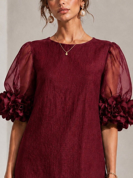 Burgundy Organza Puff Sleeved Mini Dress with Striking Floral Cuffs – Sienna Noosa