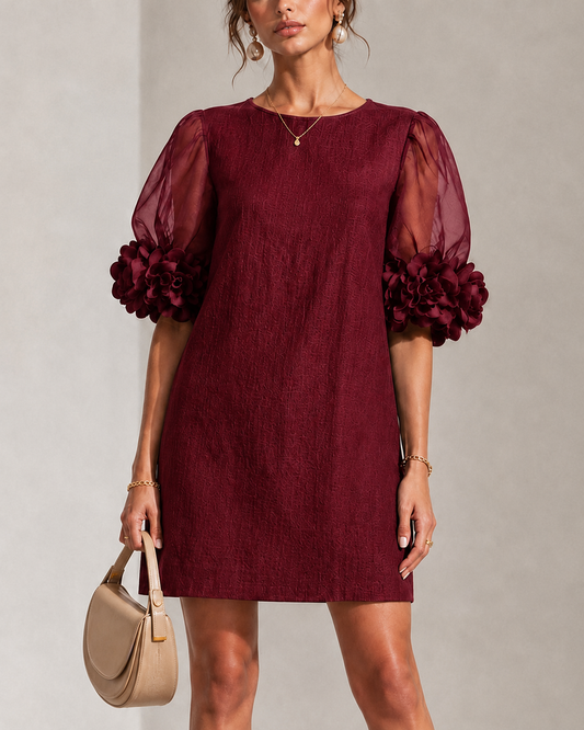 Burgundy Organza Puff Sleeved Mini Dress with Striking Floral Cuffs – Sienna Noosa