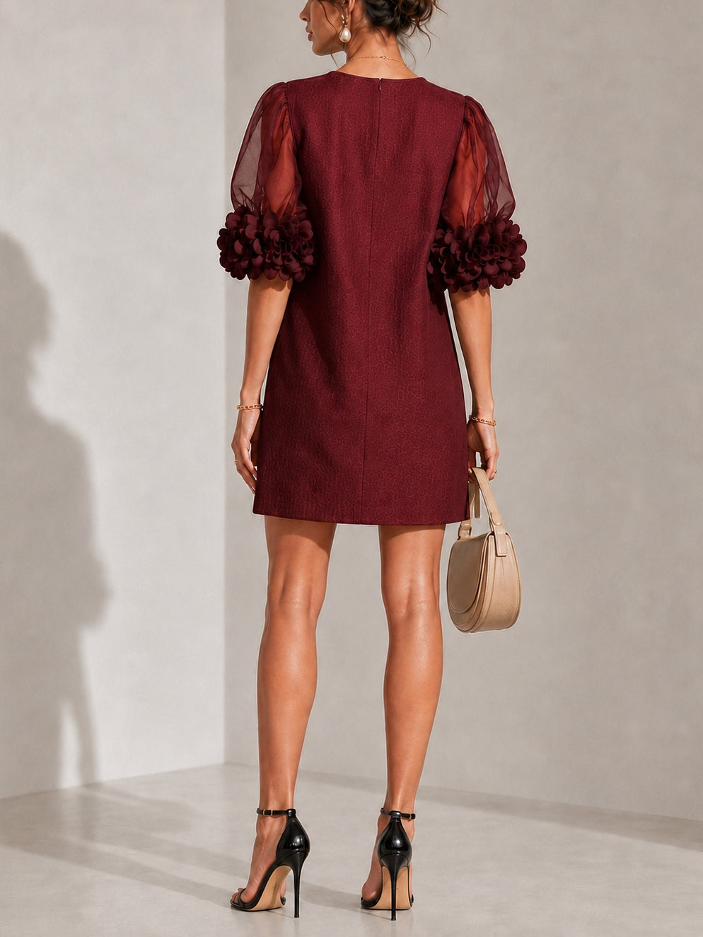Burgundy Organza Puff Sleeved Mini Dress with Striking Floral Cuffs – Sienna Noosa