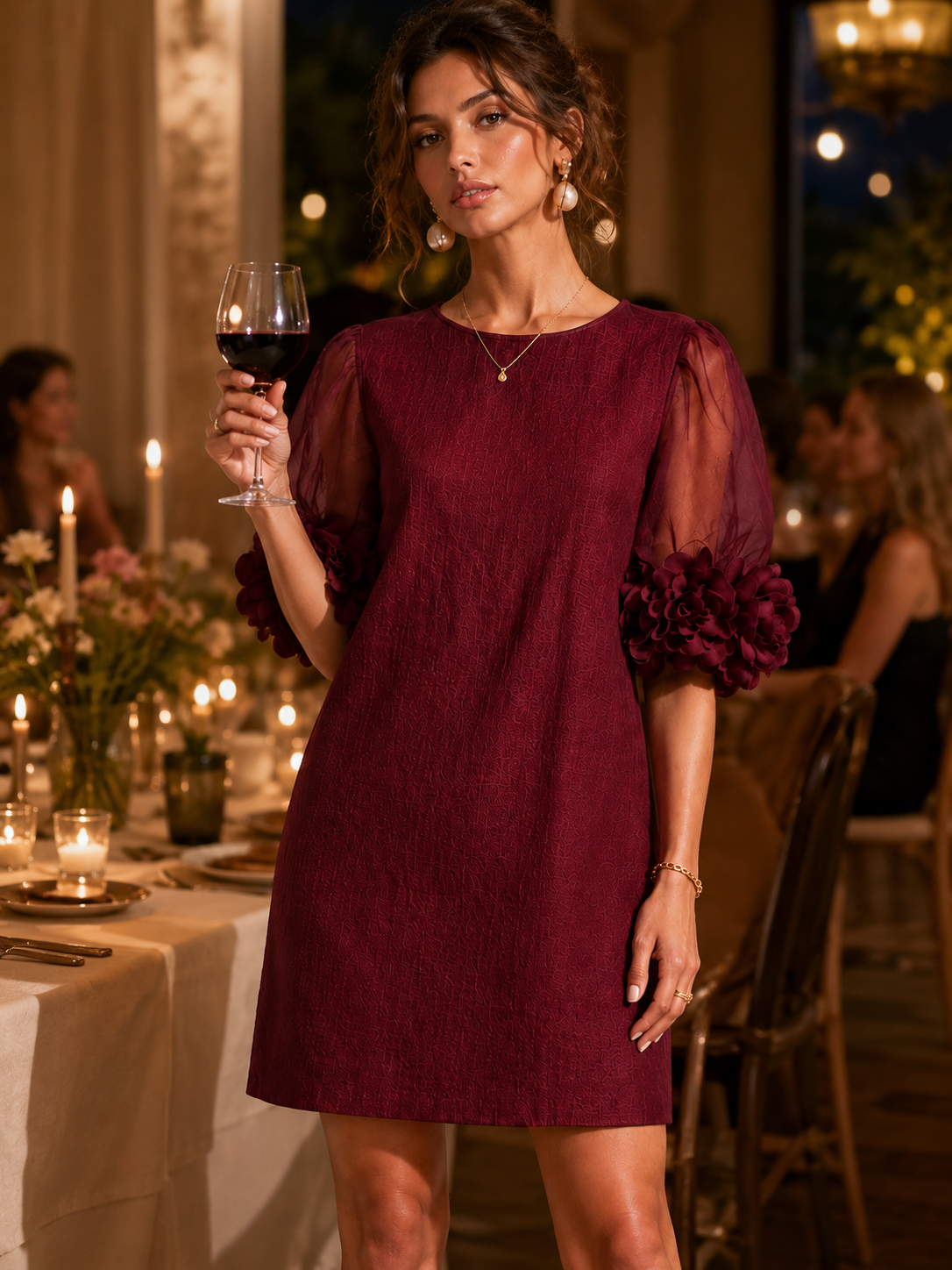 Burgundy Organza Puff Sleeved Mini Dress with Striking Floral Cuffs – Sienna Noosa