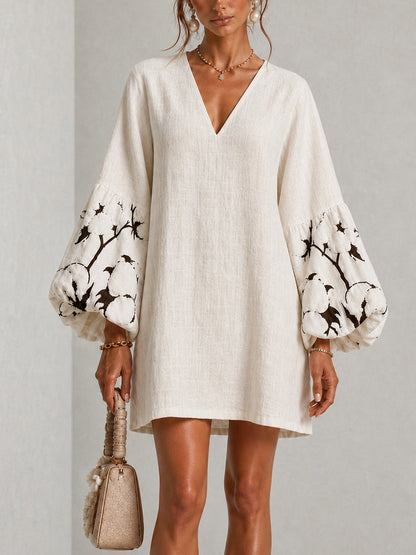 White V Neck Lantern Puff Sleeve Floral Print Mini Dress – Sienna Noosa