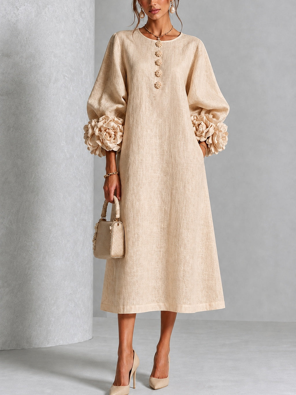 Beige Floral Button Down Midi Dress with Striking Floral Cuffs – Sienna Noosa