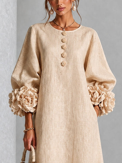 Beige Floral Button Down Midi Dress with Striking Floral Cuffs – Sienna Noosa