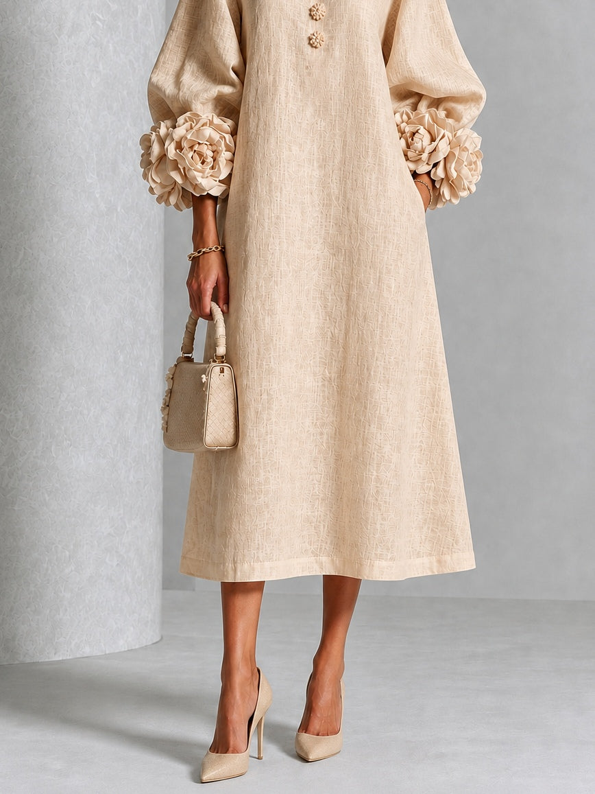Beige Floral Button Down Midi Dress with Striking Floral Cuffs – Sienna Noosa