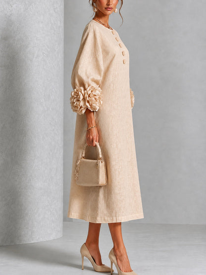 Beige Floral Button Down Midi Dress with Striking Floral Cuffs – Sienna Noosa