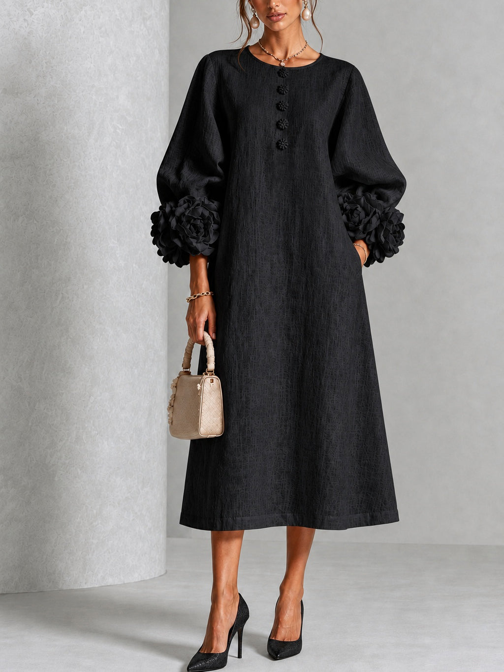 Black Floral Button Down Midi Dress with Striking Floral Cuffs – Sienna Noosa