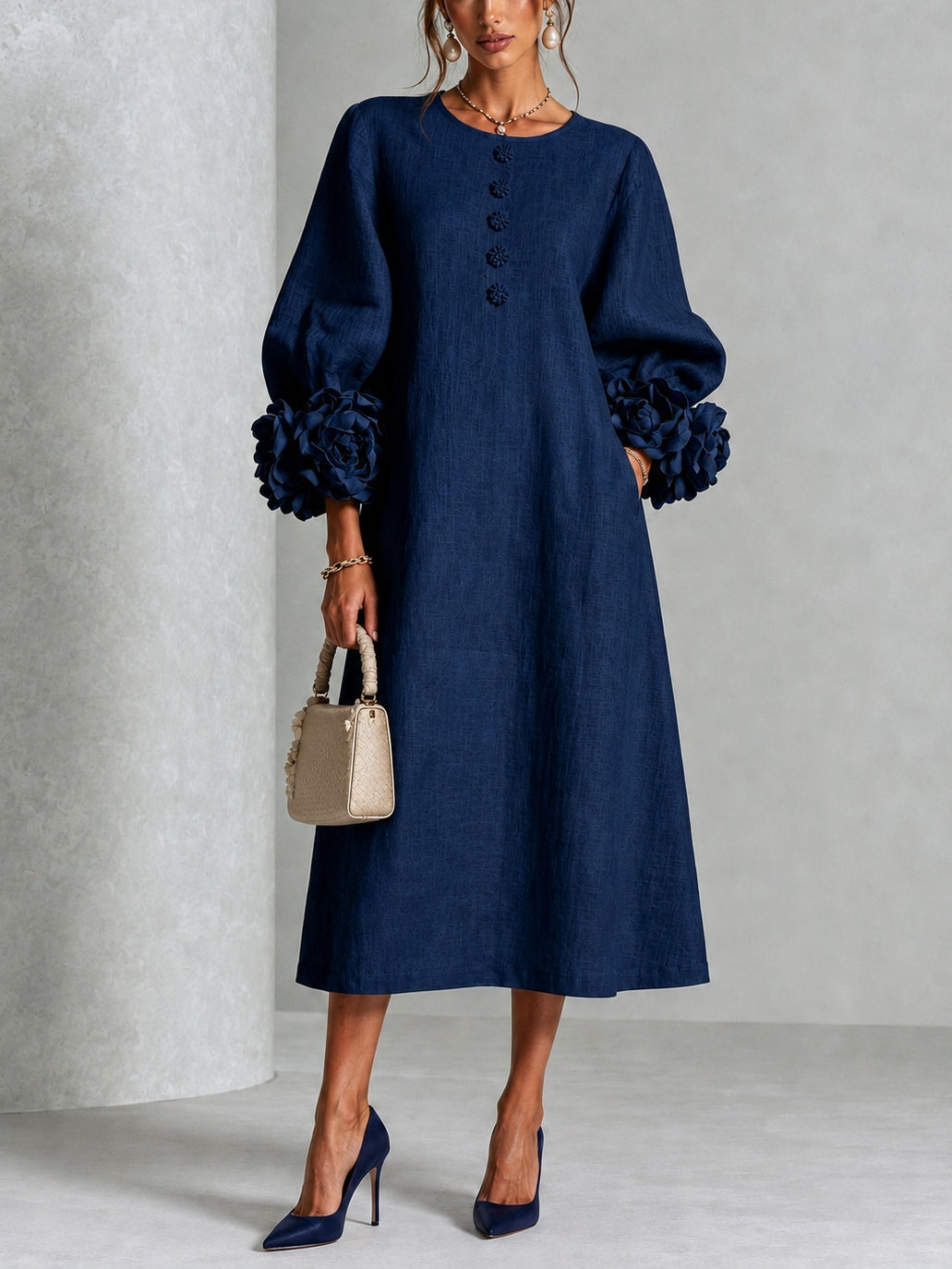 Navy Floral Button Down Midi Dress with Striking Floral Cuffs – Sienna Noosa