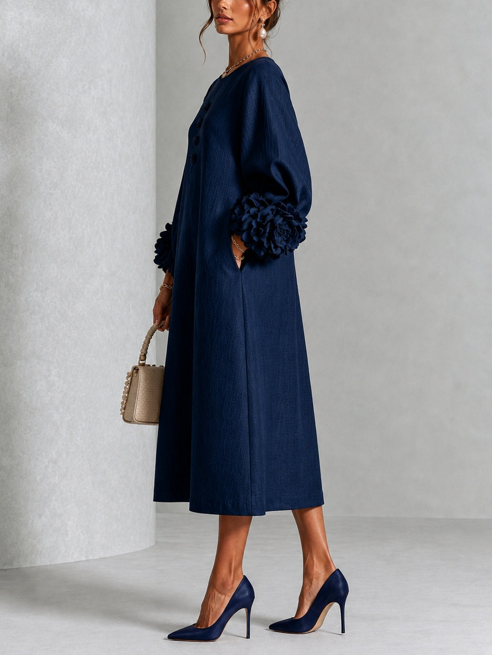 Navy Floral Button Down Midi Dress with Striking Floral Cuffs – Sienna Noosa