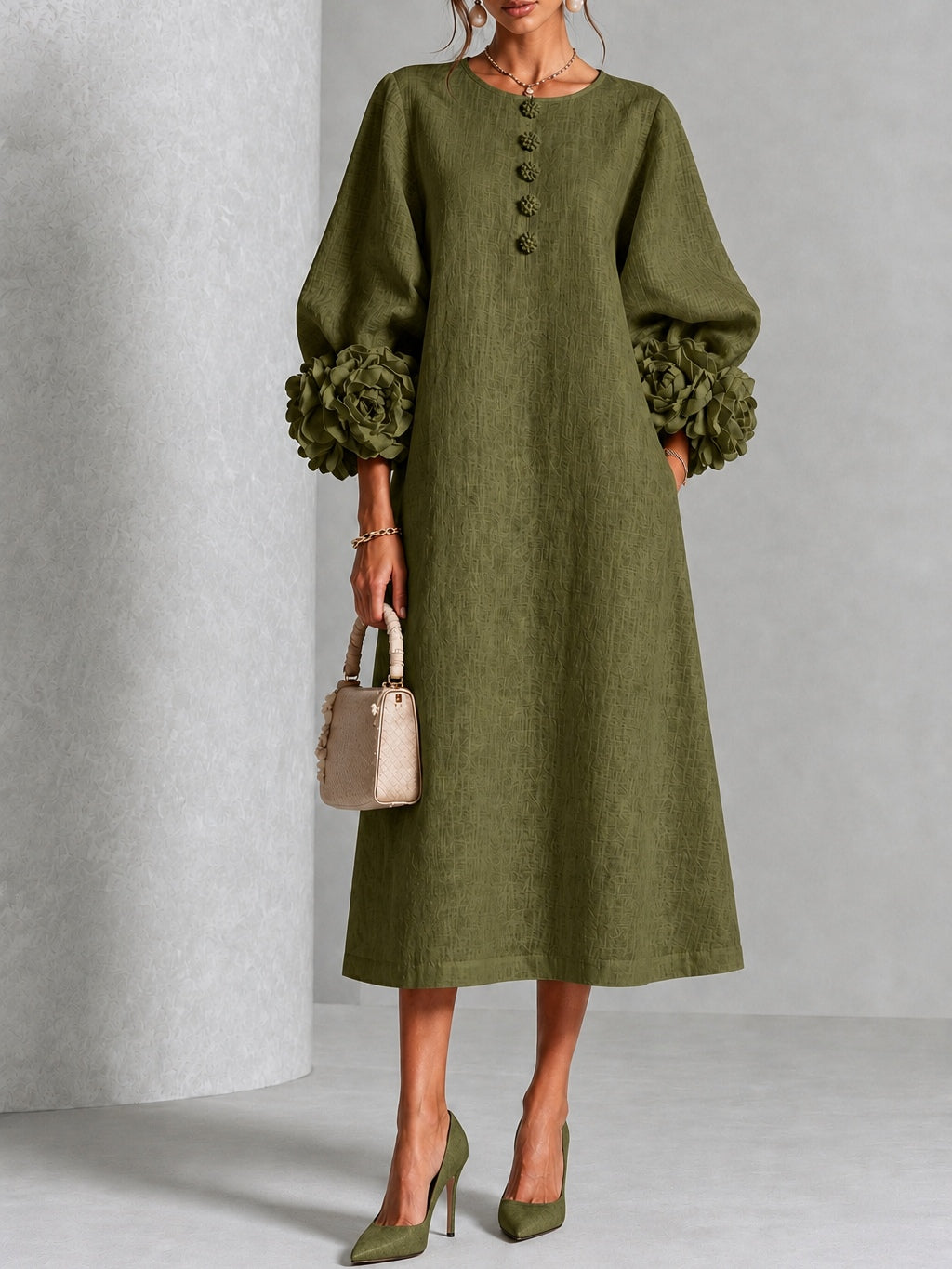 Olive Floral Button Down Midi Dress with Striking Floral Cuffs – Sienna Noosa