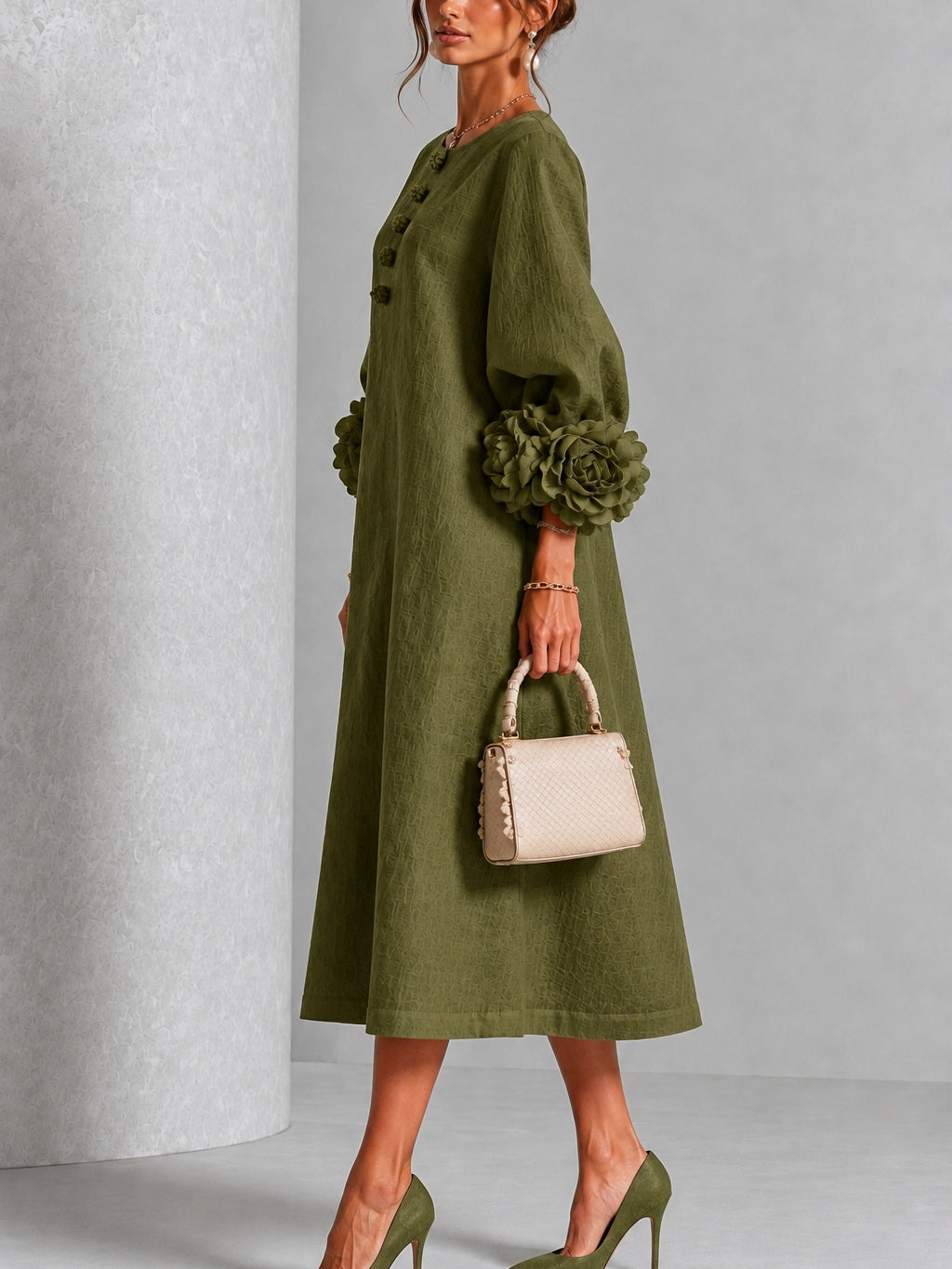 Olive Floral Button Down Midi Dress with Striking Floral Cuffs – Sienna Noosa