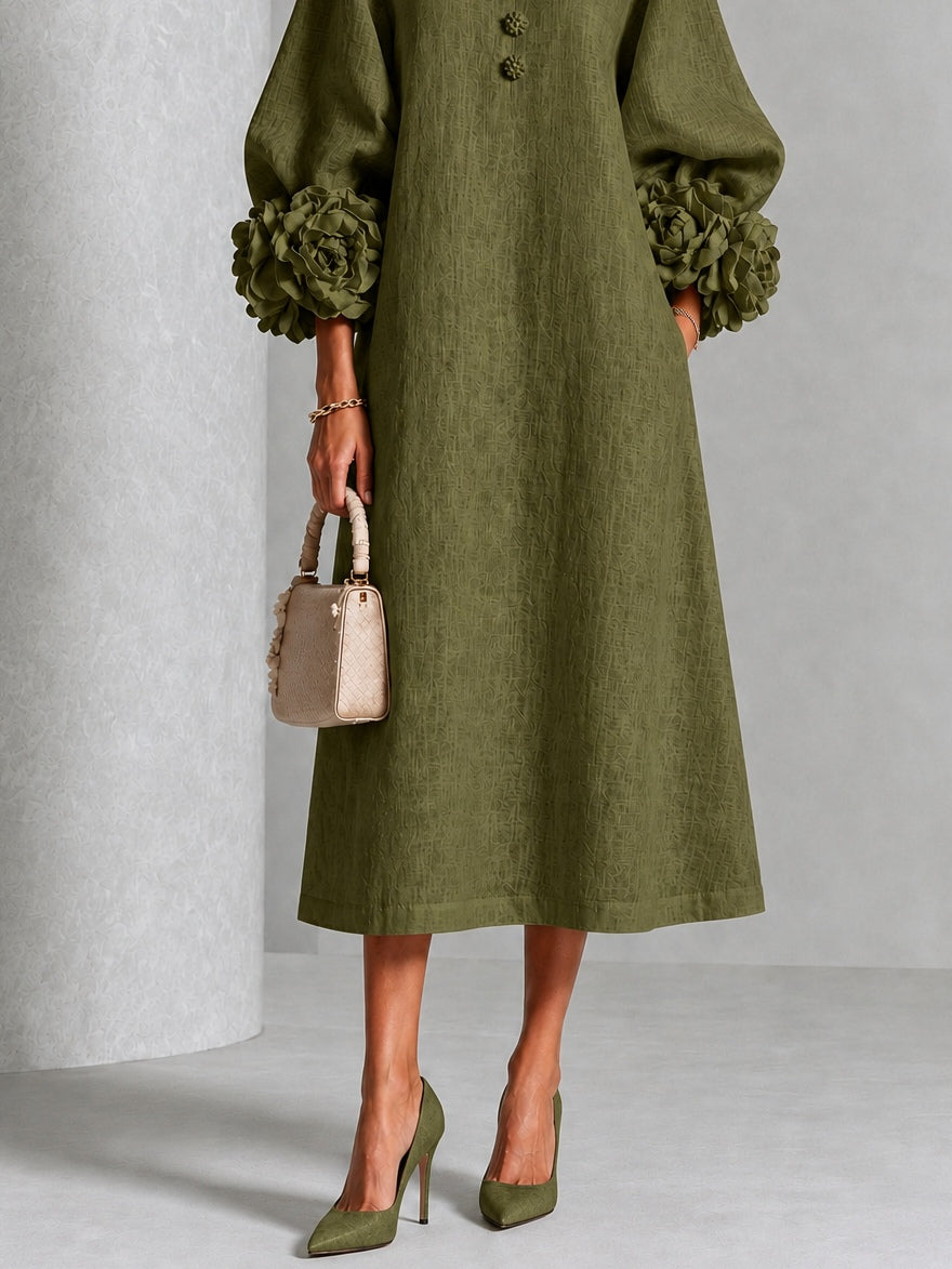 Olive Floral Button Down Midi Dress with Striking Floral Cuffs – Sienna Noosa