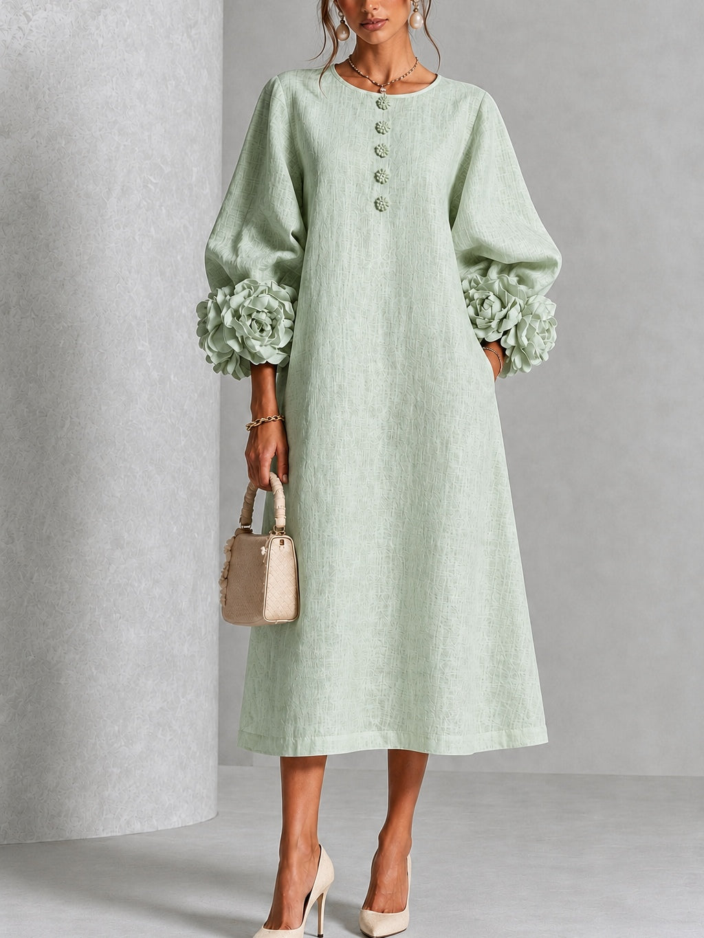 Sage Mist Floral Button Down Midi Dress with Striking Floral Cuffs – Sienna Noosa