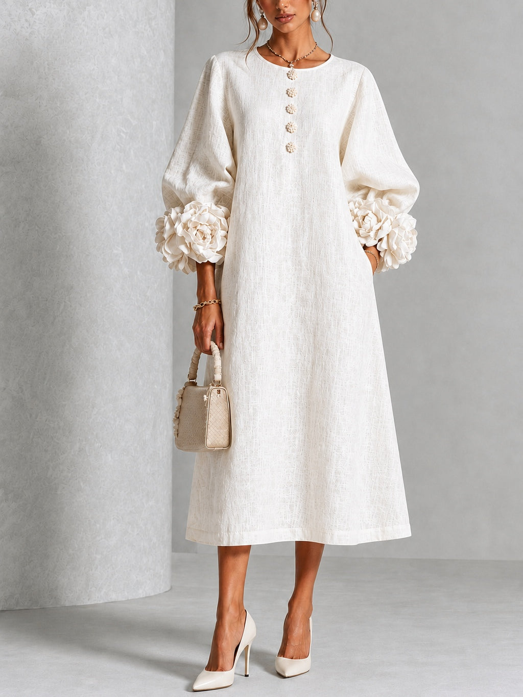 White Floral Button Down Midi Dress with Striking Floral Cuffs – Sienna Noosa