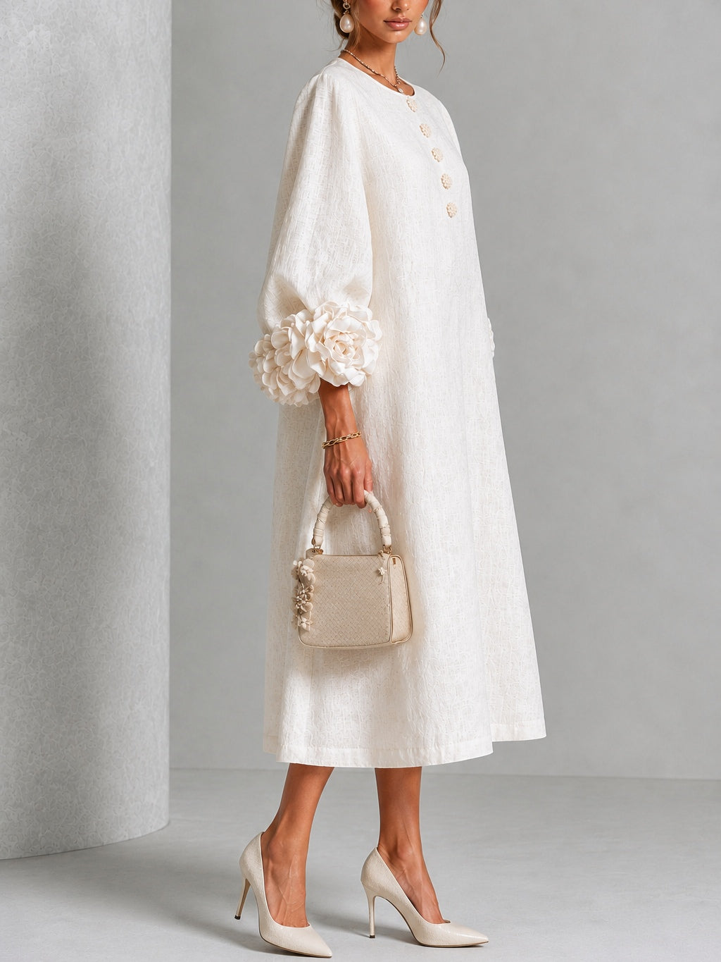 White Floral Button Down Midi Dress with Striking Floral Cuffs – Sienna Noosa