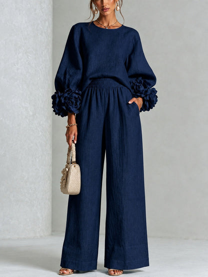 Navy Top Featuring Striking Floral Cuffs Paired with Wide Leg Pants Suit – Sienna Noosa
