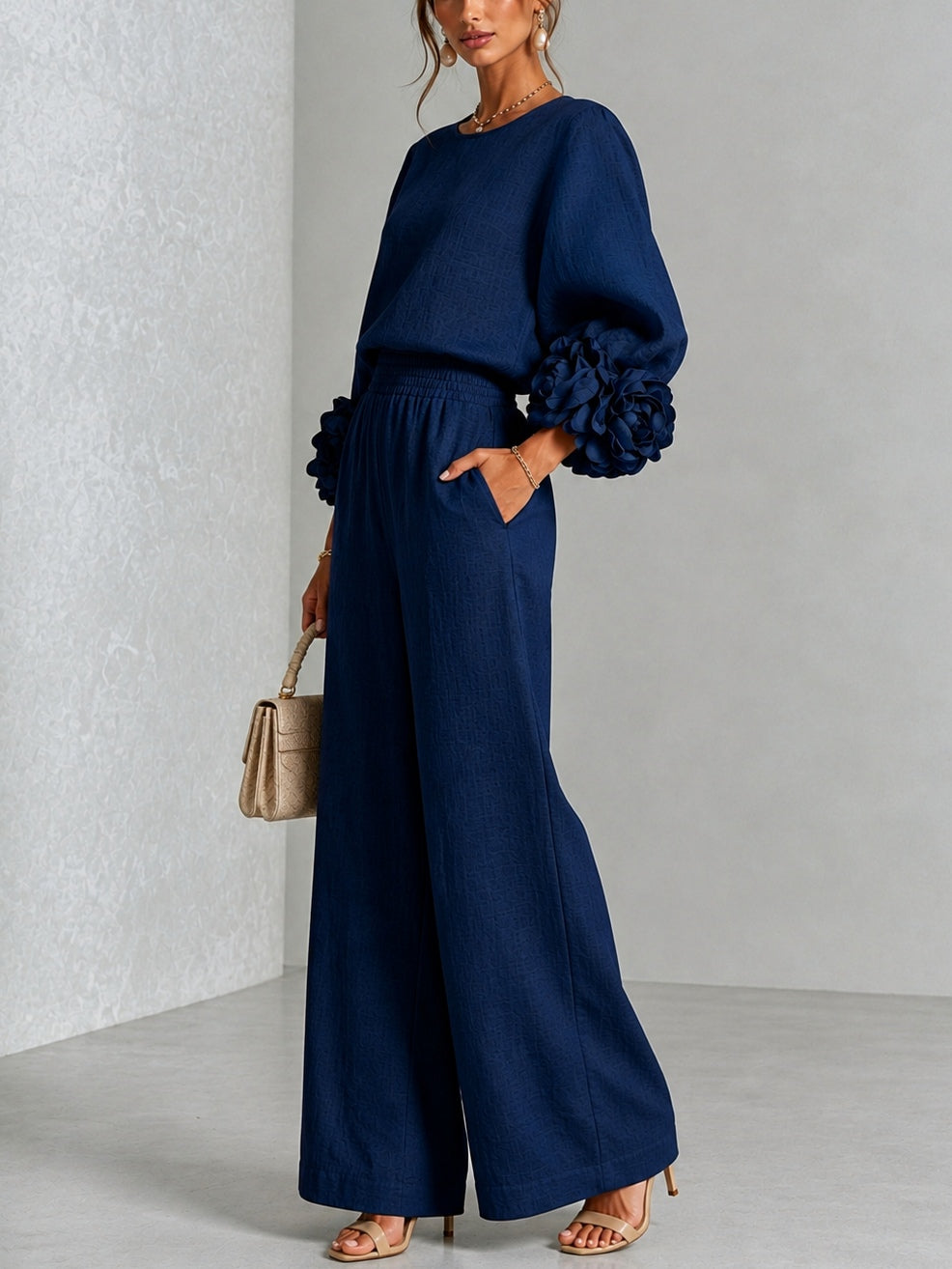 Navy Top Featuring Striking Floral Cuffs Paired with Wide Leg Pants Suit – Sienna Noosa
