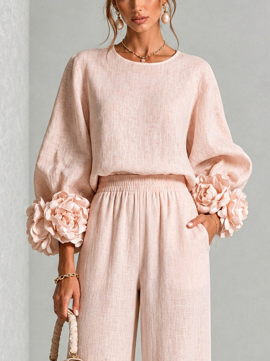 Pink Top Featuring Striking Floral Cuffs Paired with Wide Leg Pants Suit – Sienna Noosa