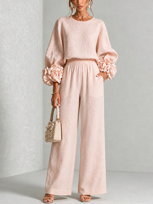 Pink Top Featuring Striking Floral Cuffs Paired with Wide Leg Pants Suit – Sienna Noosa