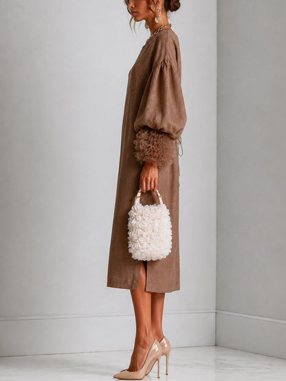 Brown Adjustable Drawstring Waist Midi Dress with Lantern Sleeves and Pleated Ruffle Cuffs – Sienna Noosa
