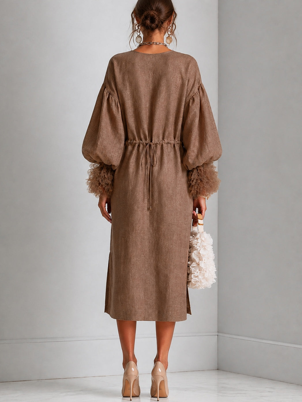 Brown Adjustable Drawstring Waist Midi Dress with Lantern Sleeves and Pleated Ruffle Cuffs – Sienna Noosa