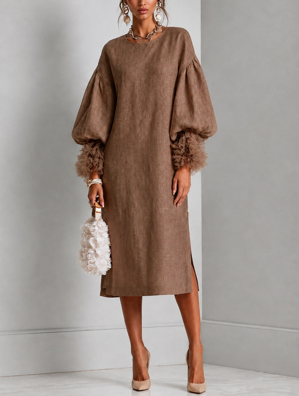 Brown Adjustable Drawstring Waist Midi Dress with Lantern Sleeves and Pleated Ruffle Cuffs – Sienna Noosa