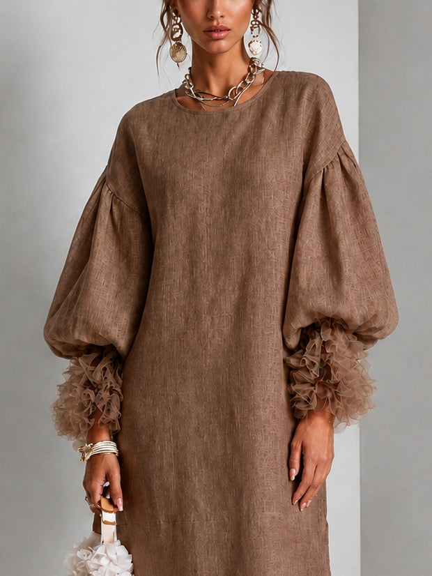 Brown Adjustable Drawstring Waist Midi Dress with Lantern Sleeves and Pleated Ruffle Cuffs – Sienna Noosa
