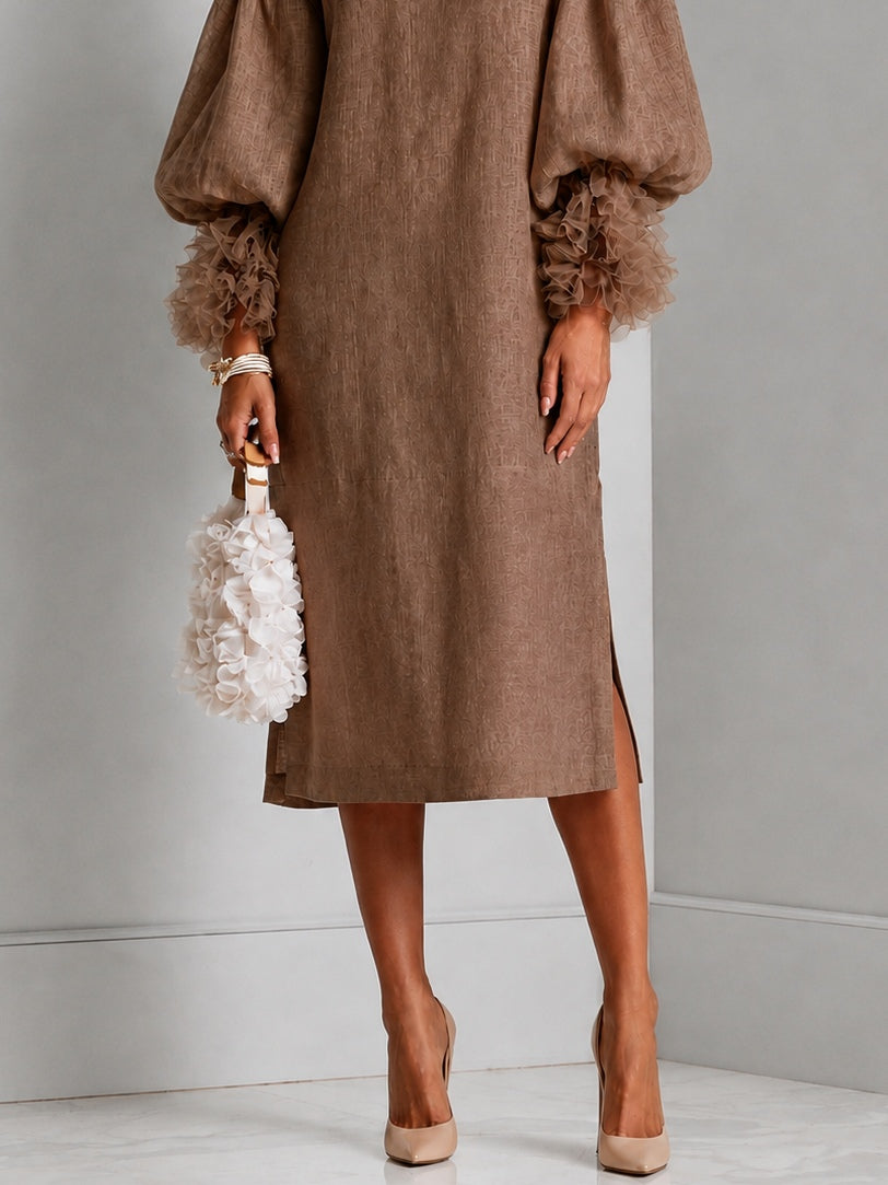 Brown Adjustable Drawstring Waist Midi Dress with Lantern Sleeves and Pleated Ruffle Cuffs – Sienna Noosa