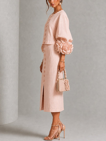 Pink Floral Button Front Top and Skirt Set Featuring Striking Floral Cuffs – Sienna Noosa