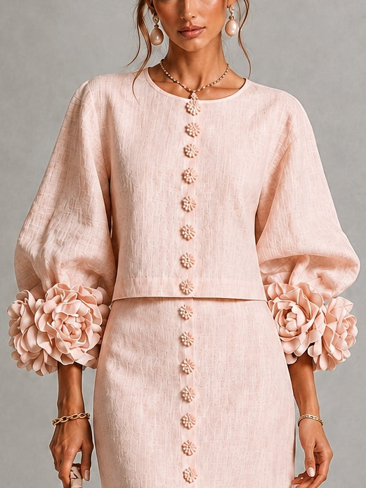 Pink Floral Button Front Top and Skirt Set Featuring Striking Floral Cuffs – Sienna Noosa