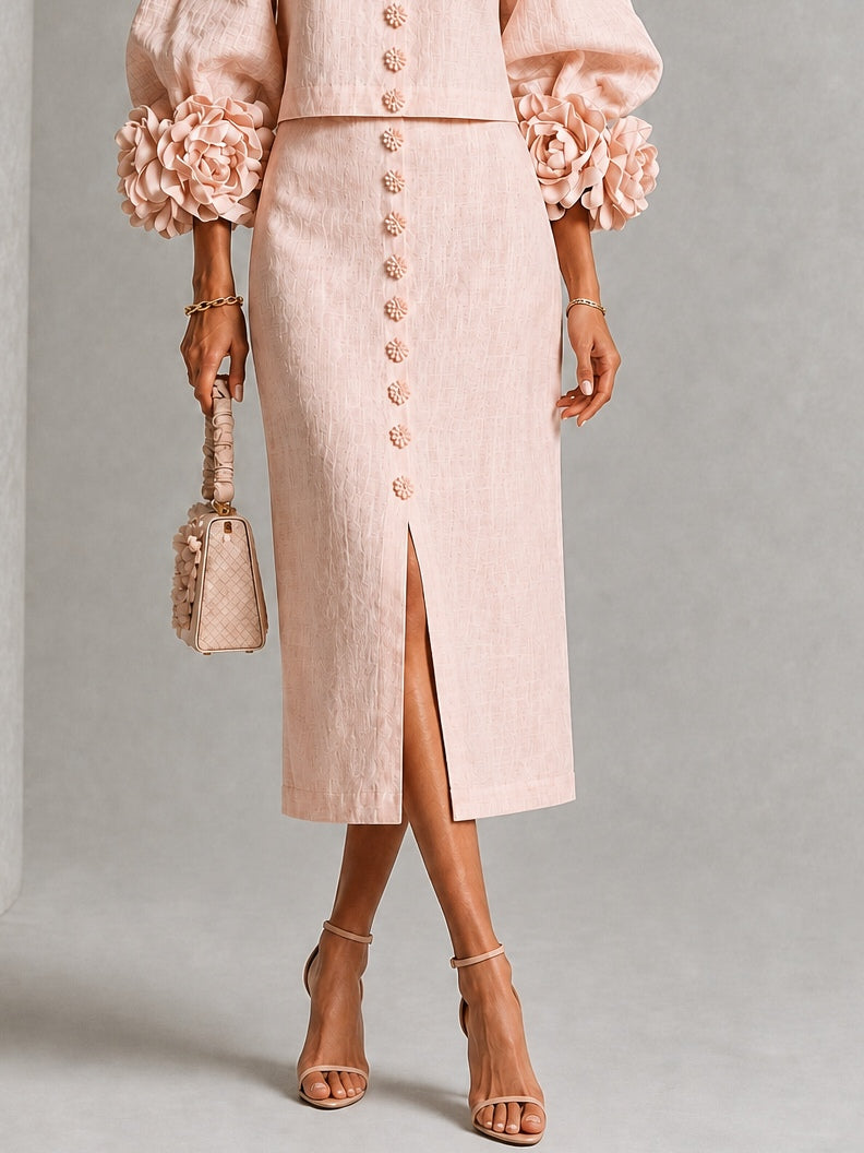 Pink Floral Button Front Top and Skirt Set Featuring Striking Floral Cuffs – Sienna Noosa