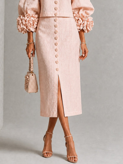 Pink Floral Button Front Top and Skirt Set Featuring Striking Floral Cuffs – Sienna Noosa