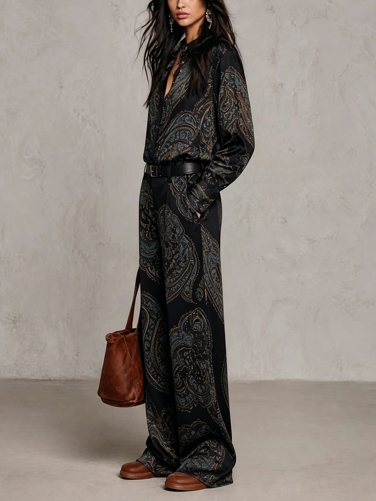 Lourdes Burgundy Purple Paisley Print Satin Long Sleeve Shirt and Wide Leg Trousers Set with Belt – Sienna Noosa
