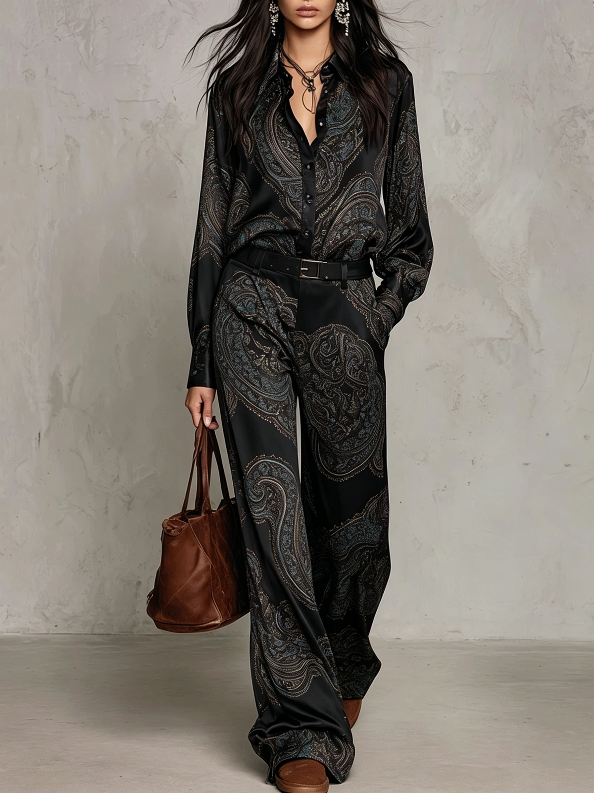 Lourdes Burgundy Purple Paisley Print Satin Long Sleeve Shirt and Wide Leg Trousers Set with Belt – Sienna Noosa