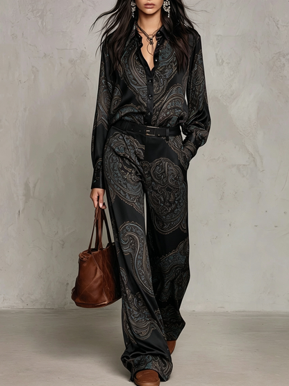 Lourdes Burgundy Purple Paisley Print Satin Long Sleeve Shirt and Wide Leg Trousers Set with Belt – Sienna Noosa