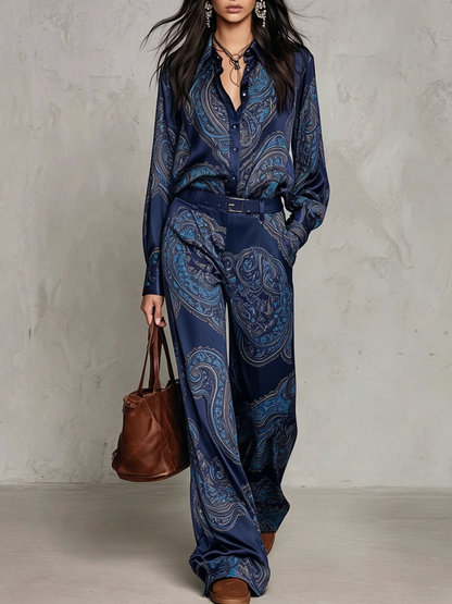 Lourdes Burgundy Purple Paisley Print Satin Long Sleeve Shirt and Wide Leg Trousers Set with Belt – Sienna Noosa