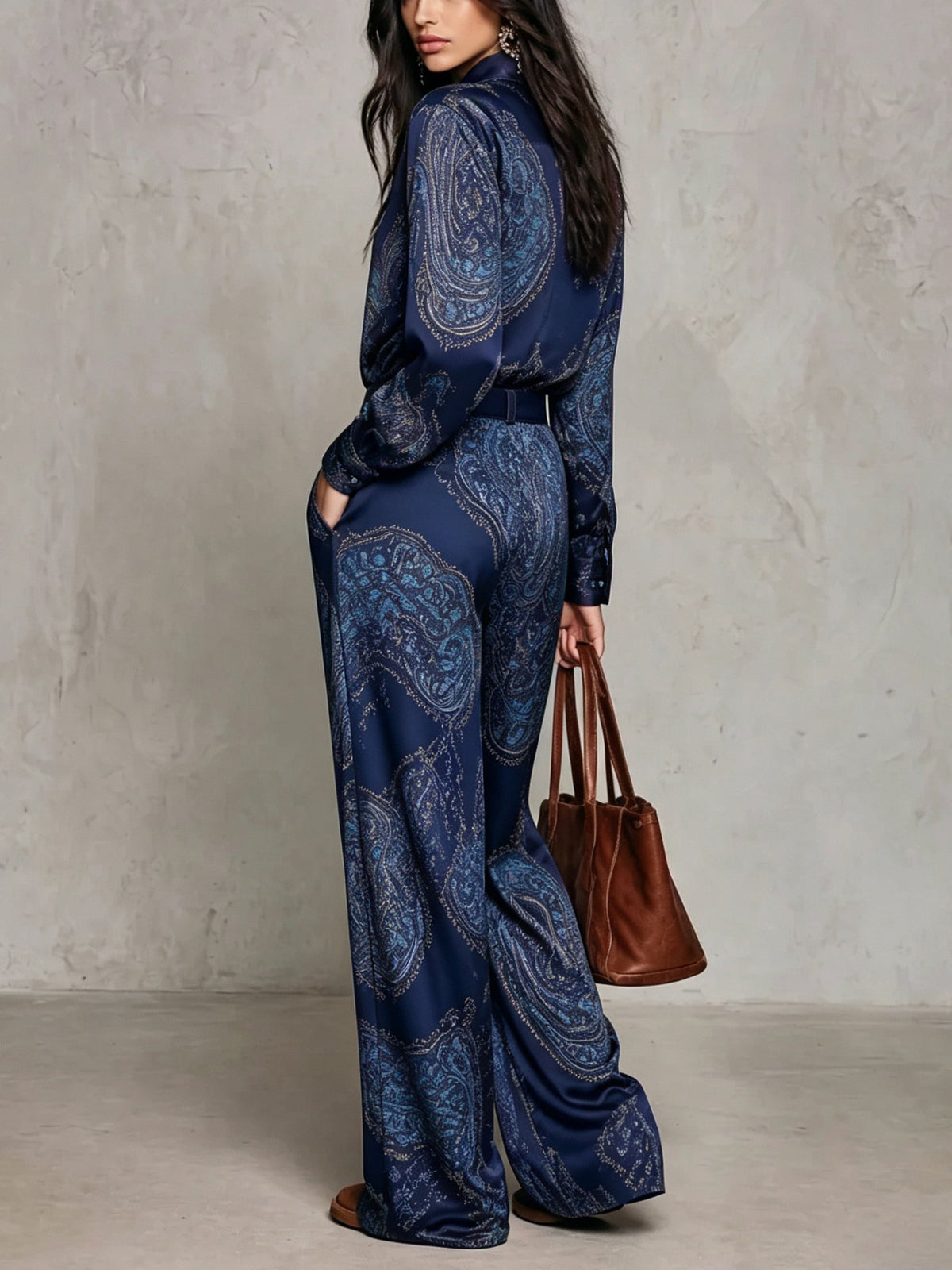 Lourdes Burgundy Purple Paisley Print Satin Long Sleeve Shirt and Wide Leg Trousers Set with Belt – Sienna Noosa