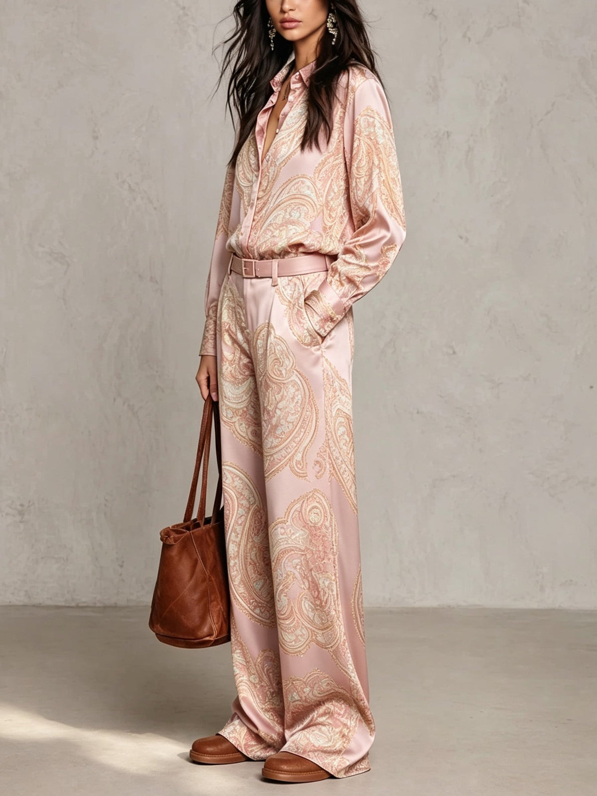 Pink Paisley Print Satin Long Sleeve Shirt and Wide Leg Trousers Set with Belt – Sienna Noosa