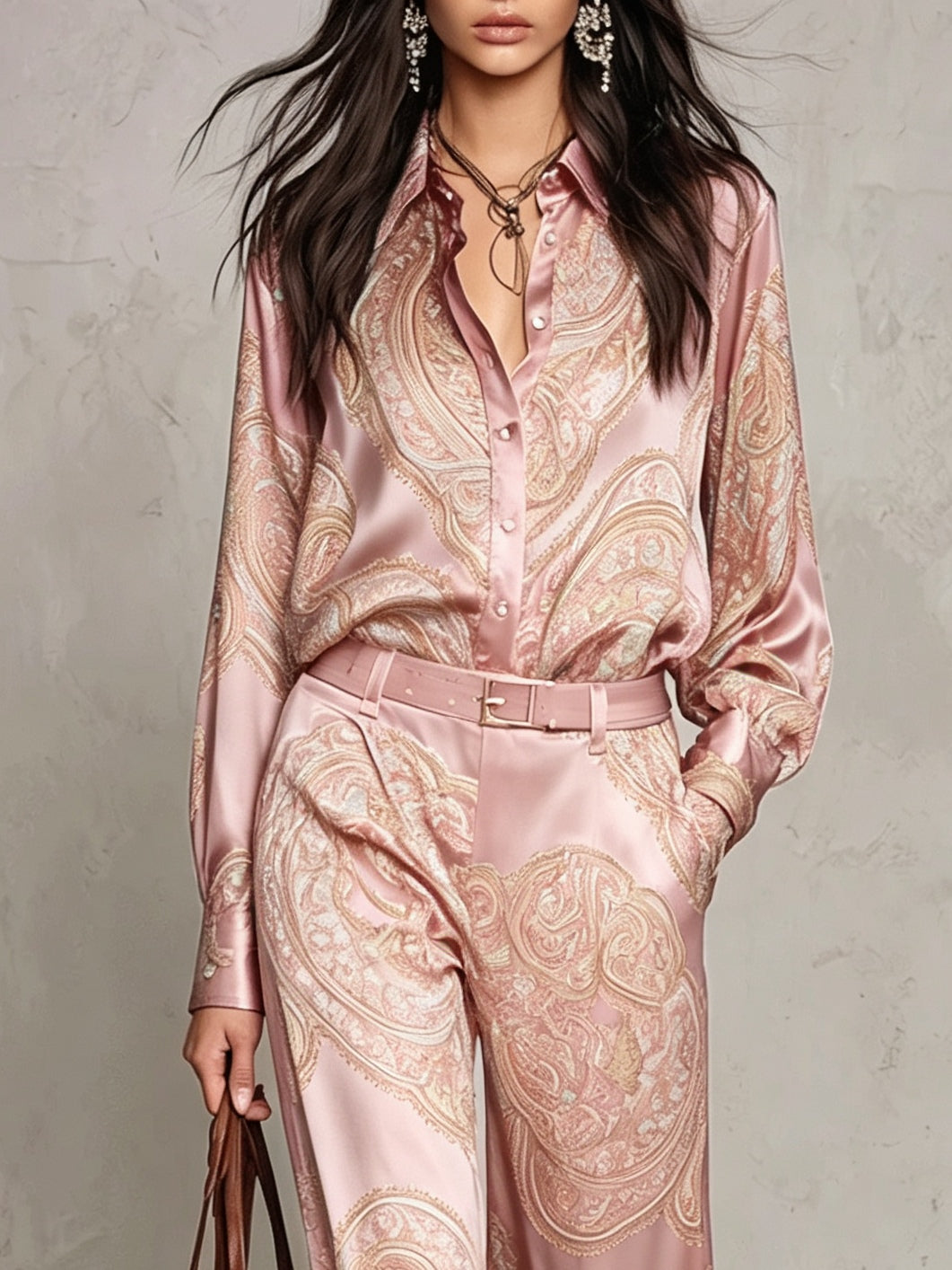 Pink Paisley Print Satin Long Sleeve Shirt and Wide Leg Trousers Set with Belt – Sienna Noosa