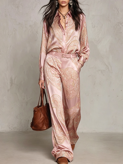 Lourdes Burgundy Purple Paisley Print Satin Long Sleeve Shirt and Wide Leg Trousers Set with Belt – Sienna Noosa
