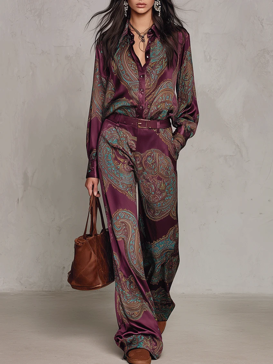 Lourdes Burgundy Purple Paisley Print Satin Long Sleeve Shirt and Wide Leg Trousers Set with Belt – Sienna Noosa