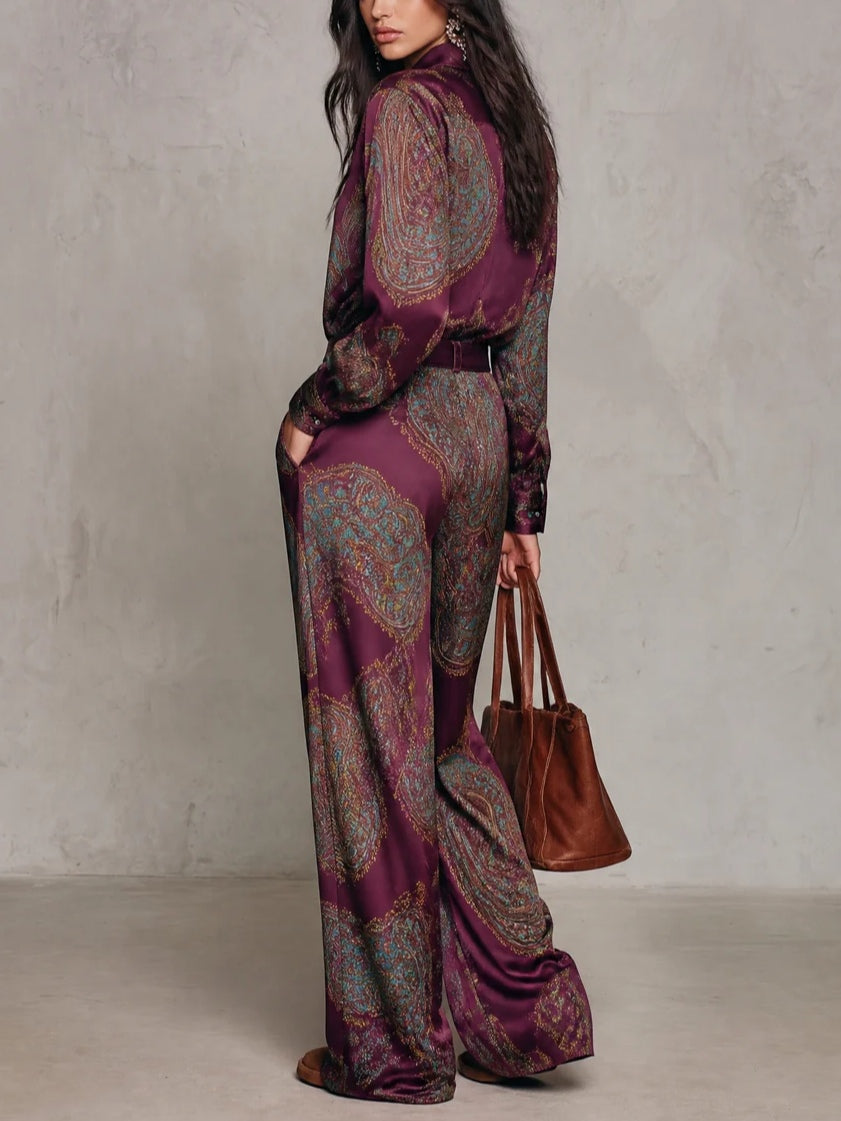 Lourdes Burgundy Purple Paisley Print Satin Long Sleeve Shirt and Wide Leg Trousers Set with Belt – Sienna Noosa