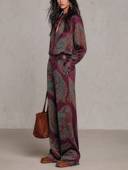 Lourdes Burgundy Purple Paisley Print Satin Long Sleeve Shirt and Wide Leg Trousers Set with Belt – Sienna Noosa