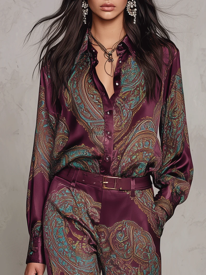 Lourdes Burgundy Purple Paisley Print Satin Long Sleeve Shirt and Wide Leg Trousers Set with Belt – Sienna Noosa
