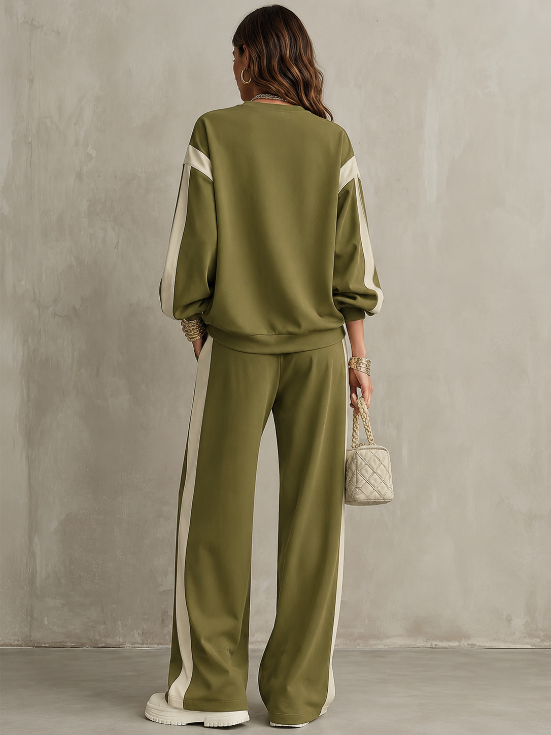 Olive Green Crew Neck Sweatshirt and Drawstring Wide Leg Pants Casual Set – Sienna Noosa