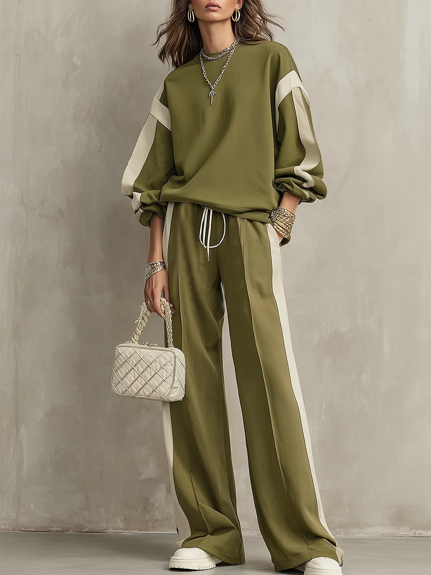 Olive Green Crew Neck Sweatshirt and Drawstring Wide Leg Pants Casual Set – Sienna Noosa