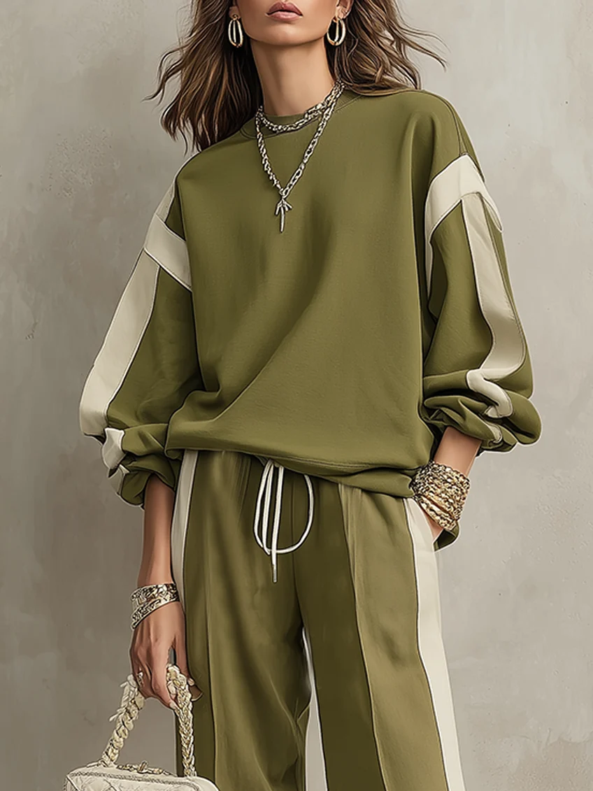 Olive Green Crew Neck Sweatshirt and Drawstring Wide Leg Pants Casual Set – Sienna Noosa