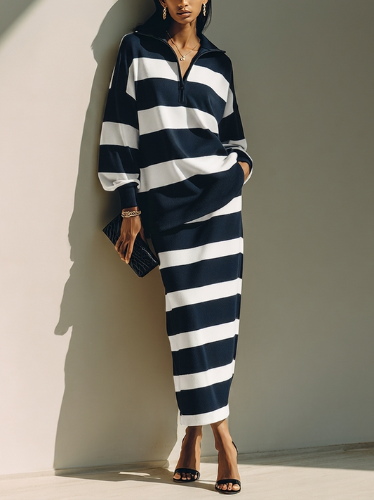 Navy Half Zip Colour Block Striped Polo Collar Top and Midi Skirt Set – Sienna Noosa